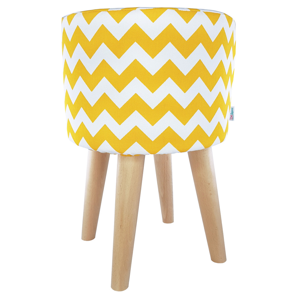 White and yellow pouf, wooden stool with ZIGZAGS, soft seat for your living room - Lily Pouf image 2