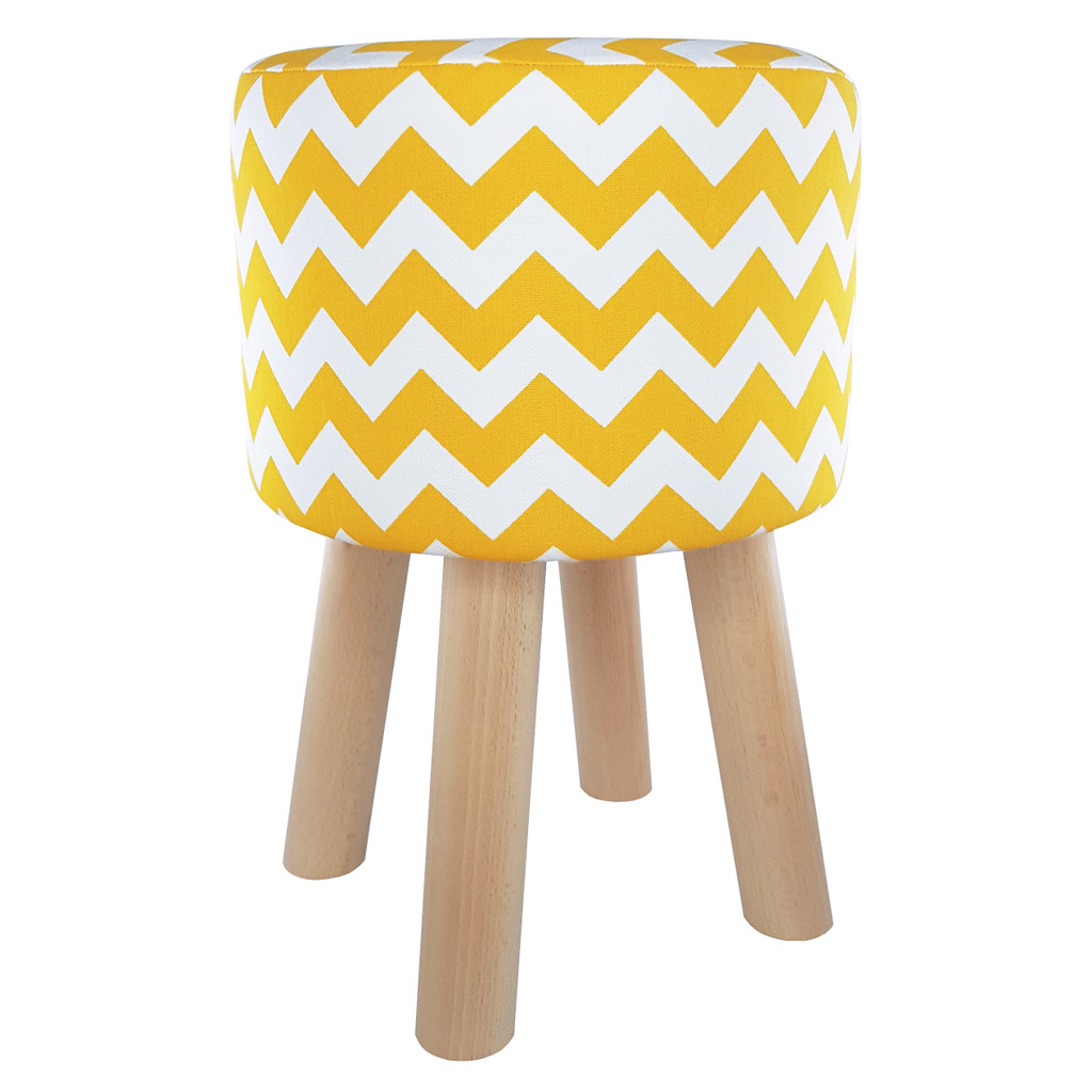 White and yellow pouf, wooden stool with ZIGZAGS, soft seat for your living room - Lily Pouf image 1