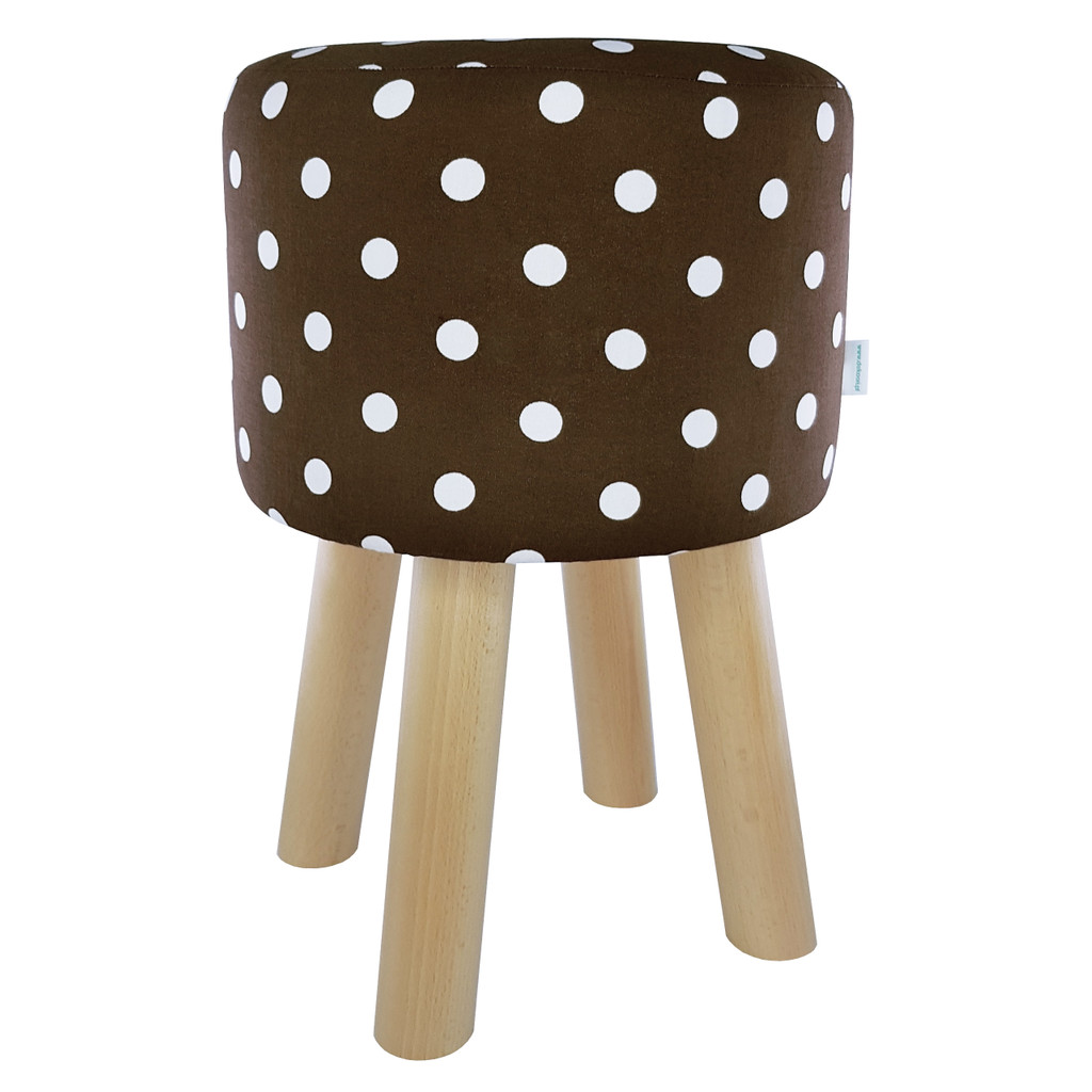 Dřevěná stolička, taburet s hnědo-bílým sedákem s puntíky, tečkovaný - Lily Pouf obrázek 1