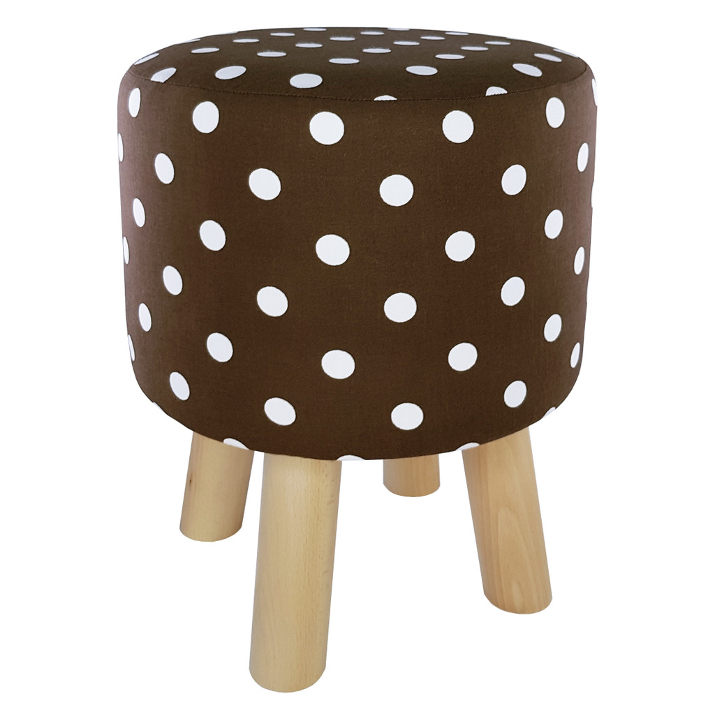 Dřevěná stolička, taburet s hnědo-bílým sedákem s puntíky, tečkovaný - Lily Pouf obrázek 2
