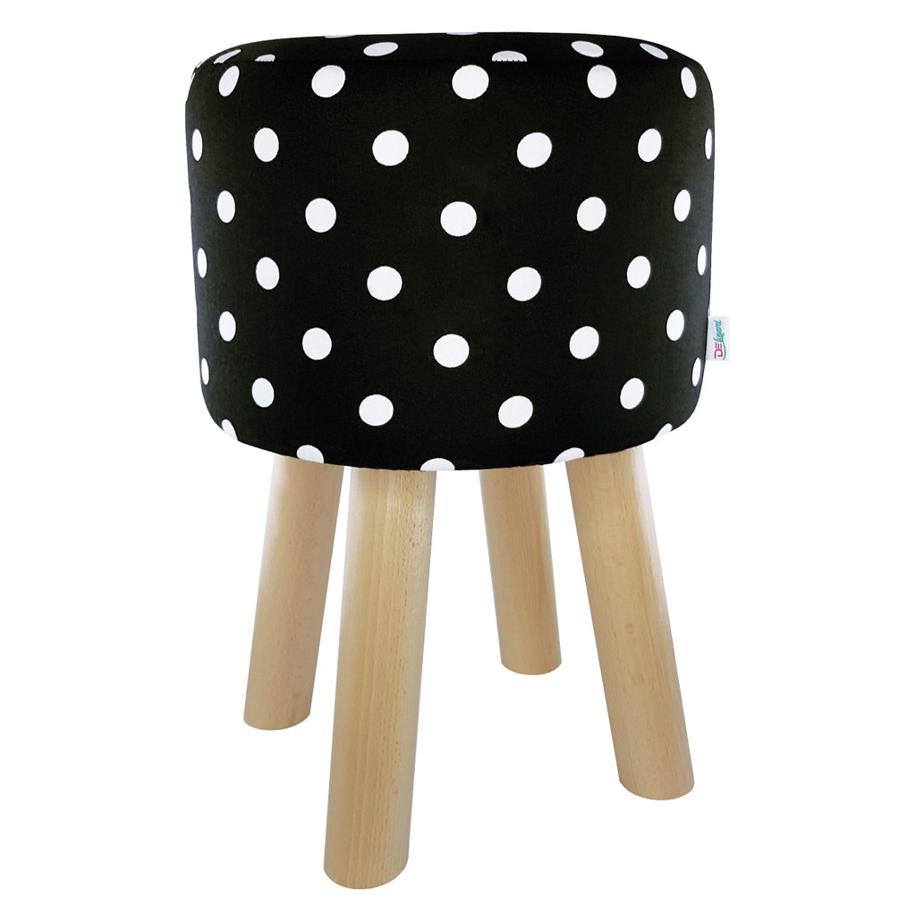 Černý pouf, taburet, stolička, s potahem s bílými puntíky, tečkami - Lily Pouf obrázek 1
