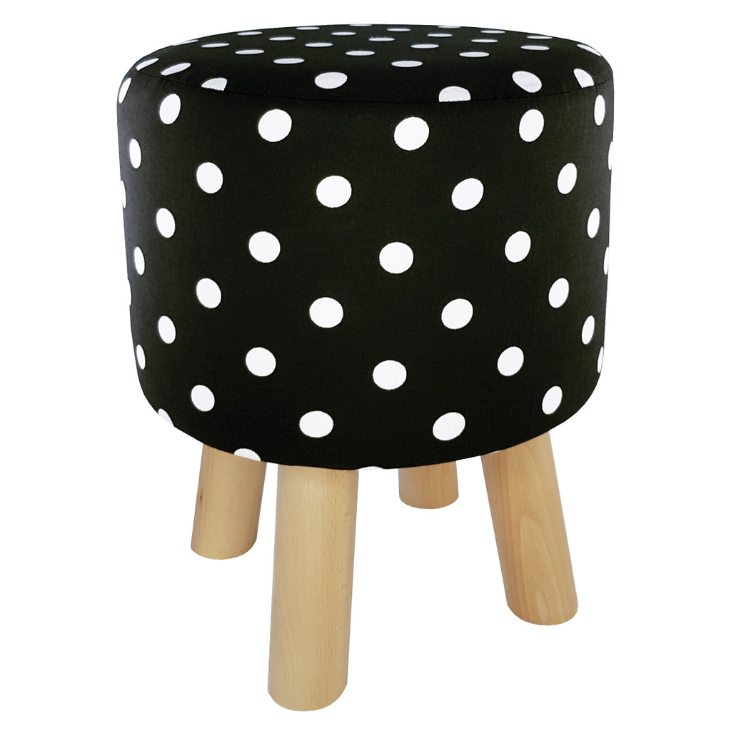 Černý pouf, taburet, stolička, s potahem s bílými puntíky, tečkami - Lily Pouf obrázek 2