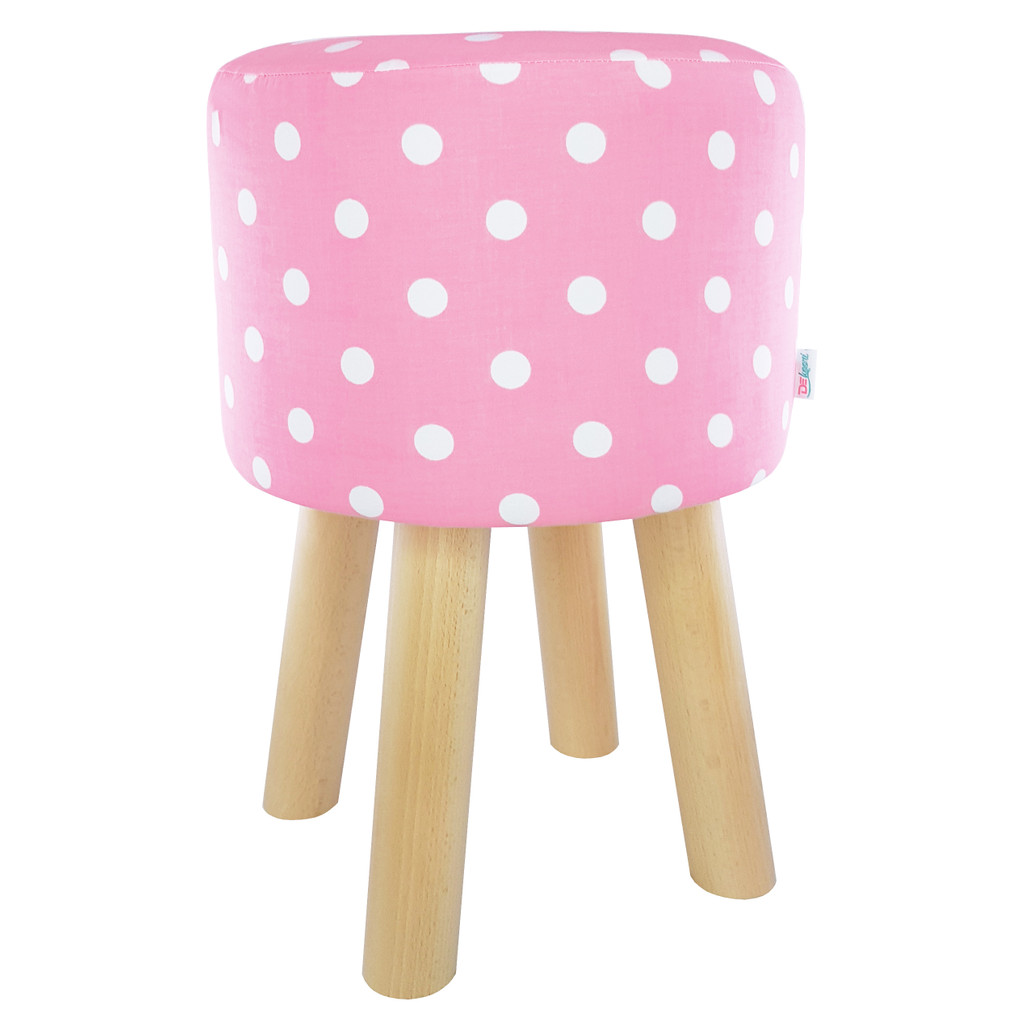 Ružová taburetka, stolček, puf v retro dizajne s poťahom s bielymi BODKAMI, polka dot - Lily Pouf obrázok 1