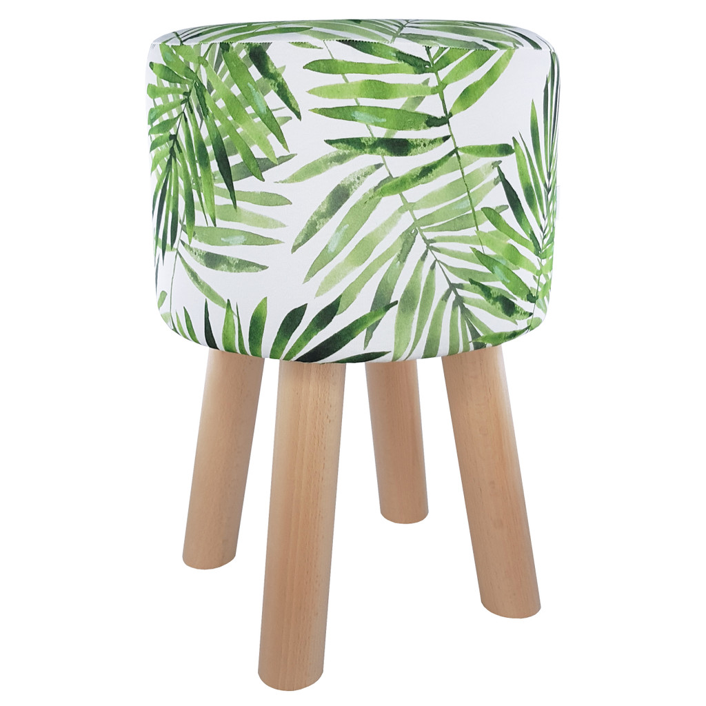 Trendy stool, Scandinavian pouffe with green Fern leaves floral design - Lily Pouf image 1