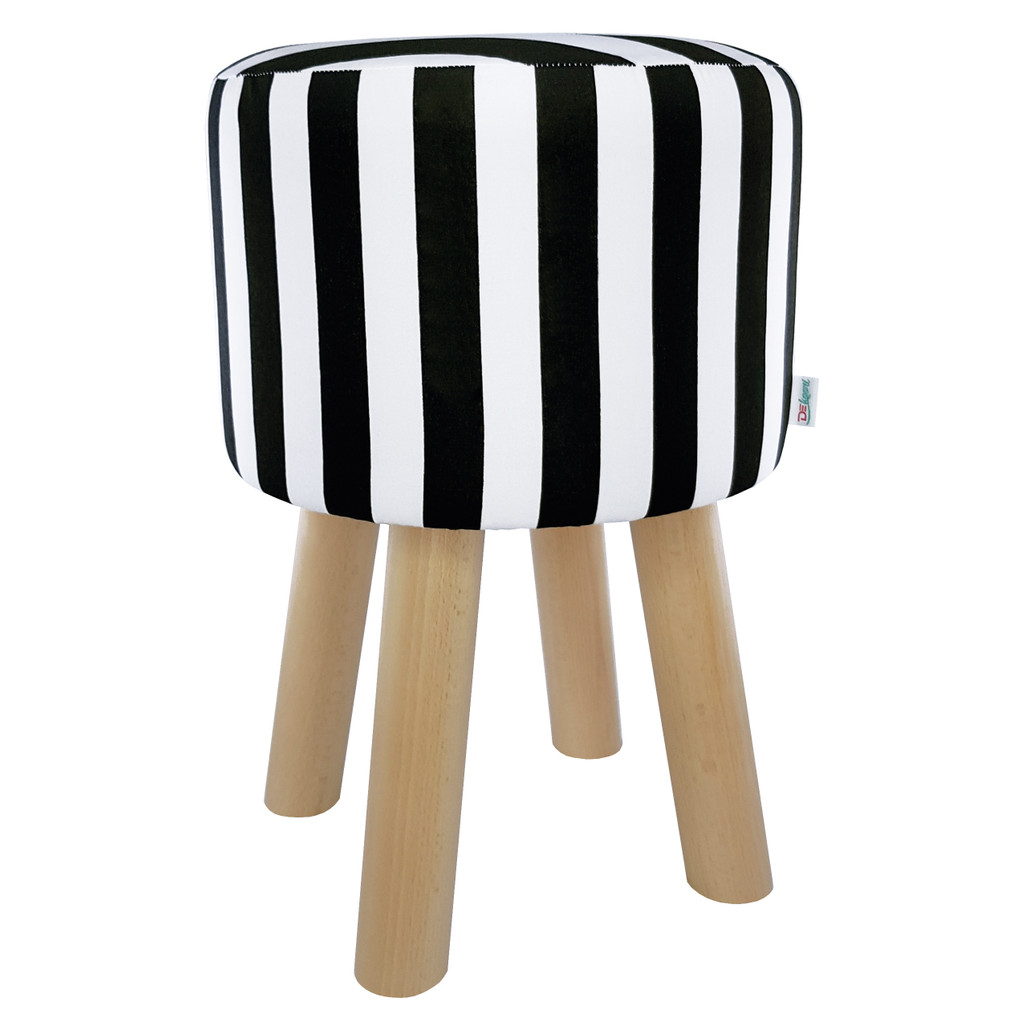 Stool, wooden hassock with round seat, white and black pattern with stripes - Lily Pouf image 1