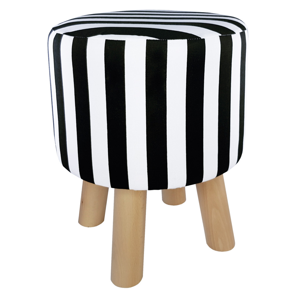Elegantná taburetka, puf, drevený stolček s okrúhlym sedadlom s bielo-čiernymi pásikmi - Lily Pouf obrázok 2
