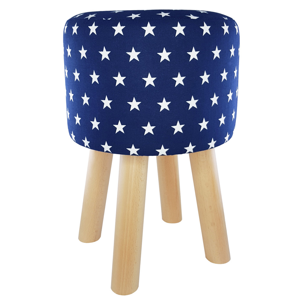 Navy blue pouffe with white STARS, wooden stool with cover - Lily Pouf image 1