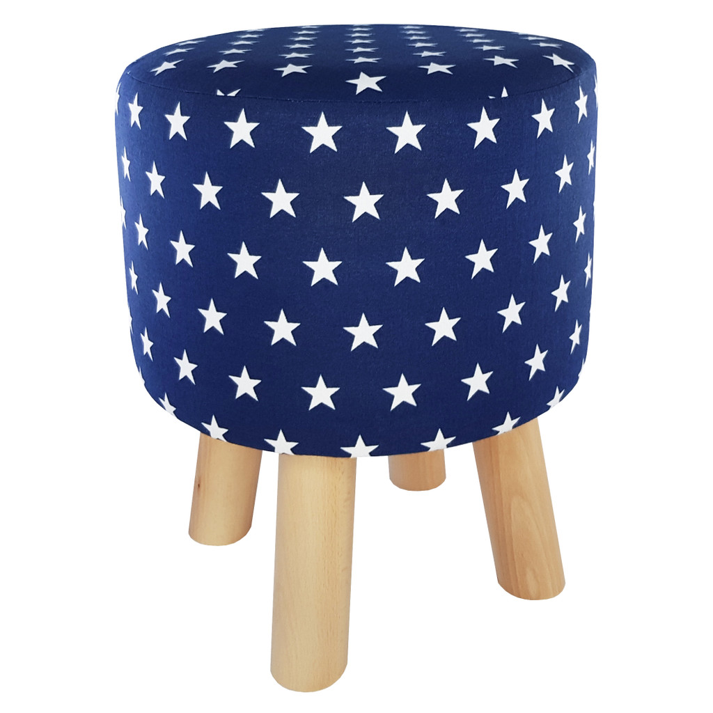 Navy blue pouffe with white STARS, wooden stool with cover - Lily Pouf image 2