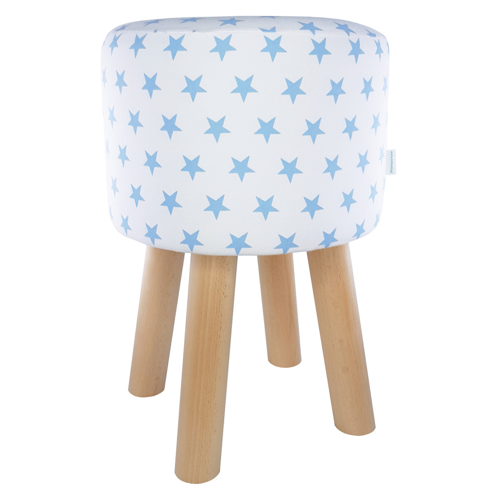 Biela taburetka, drevený stolček, puf s modrými HVIEZDIČKAMI, s drevenými nohami, vysoký alebo nízky - Lily Pouf obrázok 1