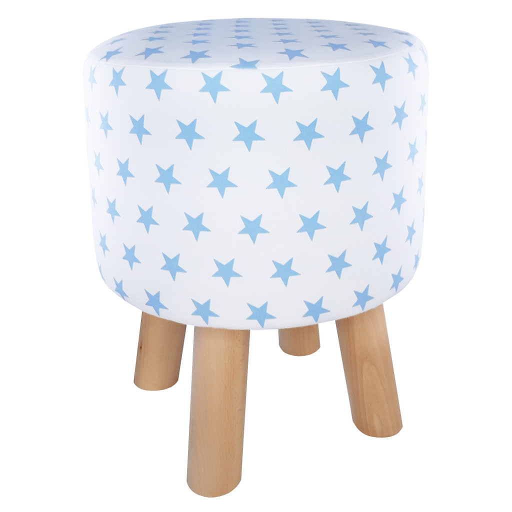Biela taburetka, drevený stolček, puf s modrými HVIEZDIČKAMI, s drevenými nohami, vysoký alebo nízky - Lily Pouf obrázok 2