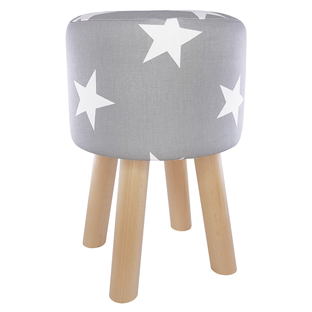 Grey decorative pouf, wooden stool, cover with big white stars - Lily Pouf image 1