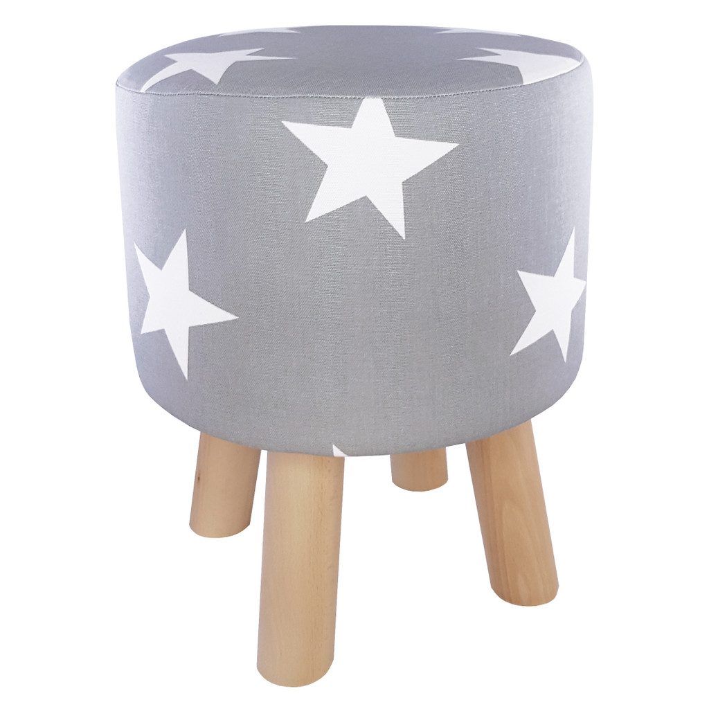 Šedý dekorativní pouf, dřevěná taburetka, potah s velkými bílými hvězdami - Lily Pouf obrázek 2