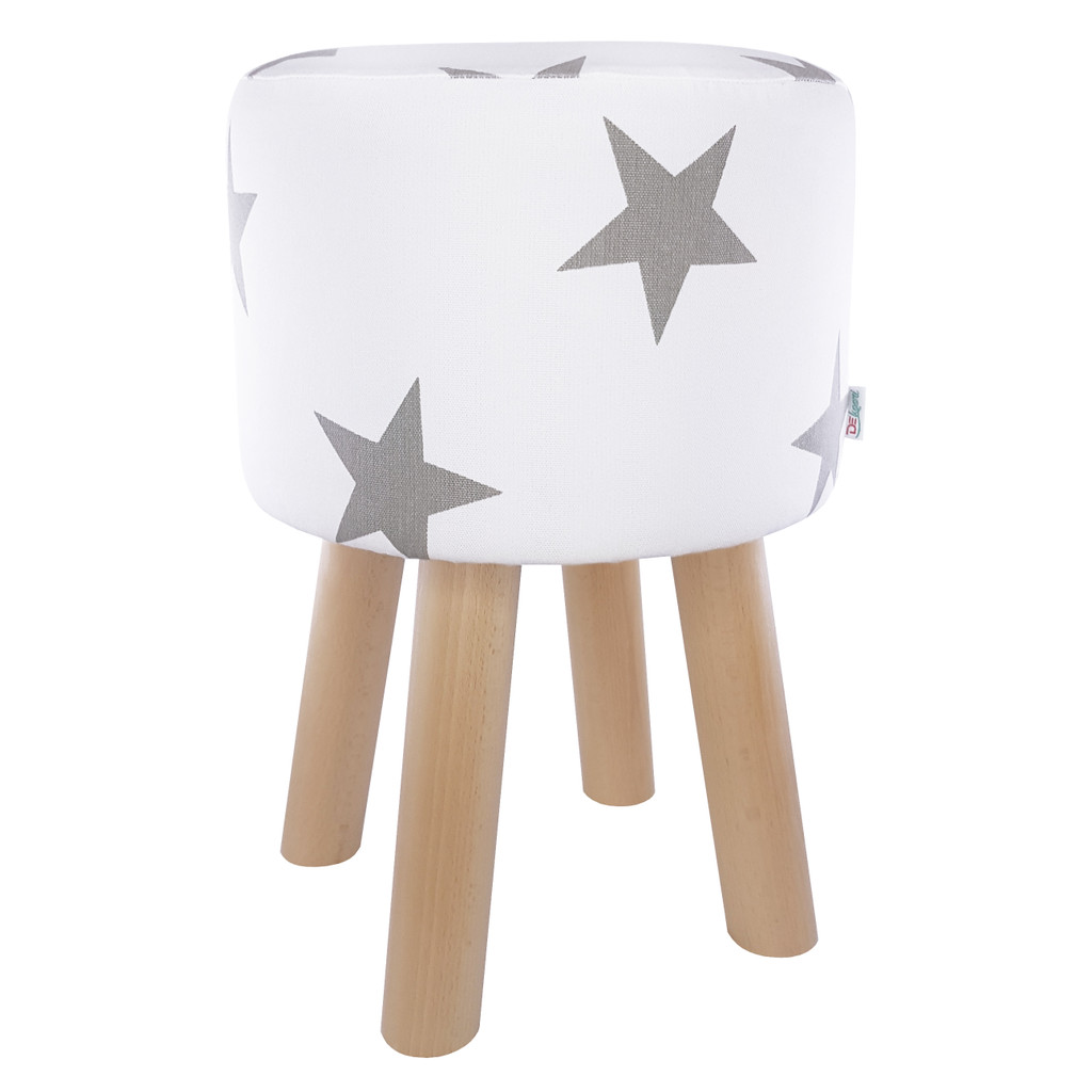 White wooden stool, round pouf with a cover with BIG GREY STARS - Lily Pouf image 1