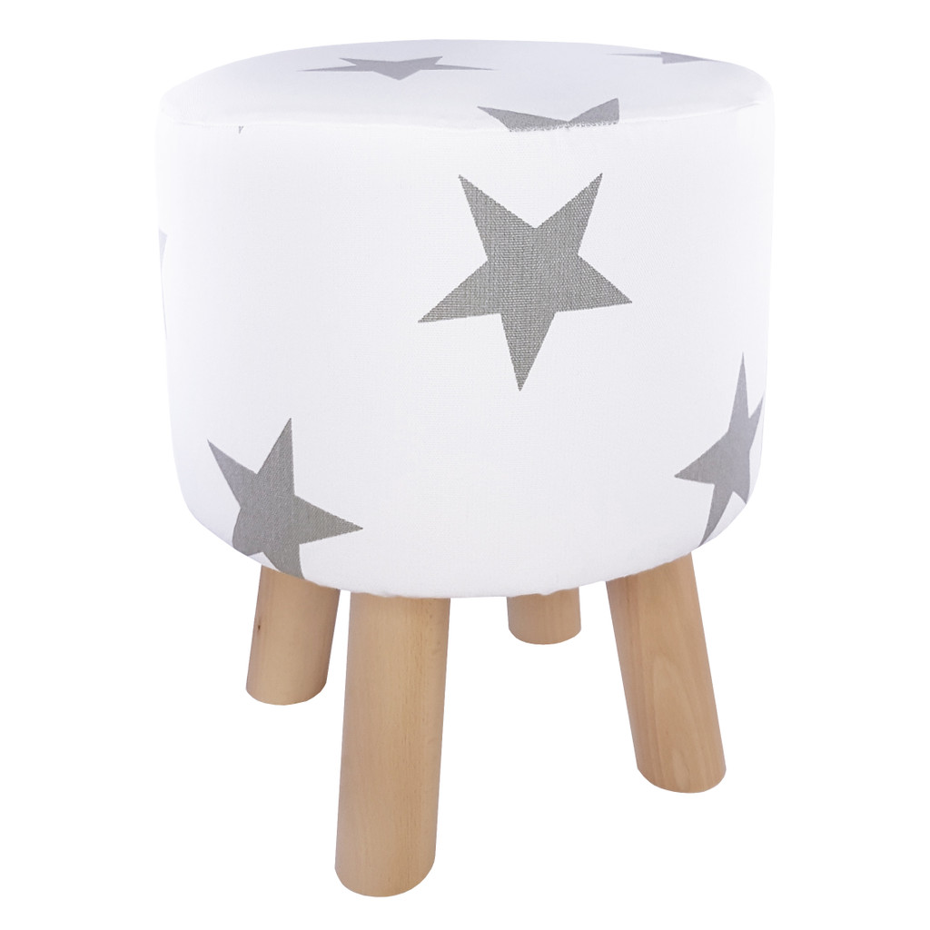 Biely drevený taburet, okrúhly puf s poťahom s veľkými sivými hviezdami - Lily Pouf obrázok 2