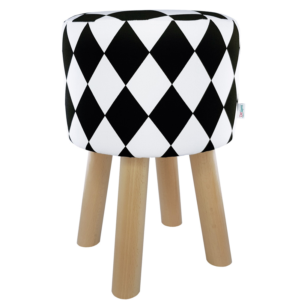 Moderní pouf, stolička ve stylu glamour, harlekýnový vzor, ​​černé a bílé kosočtverce - Lily Pouf obrázek 1