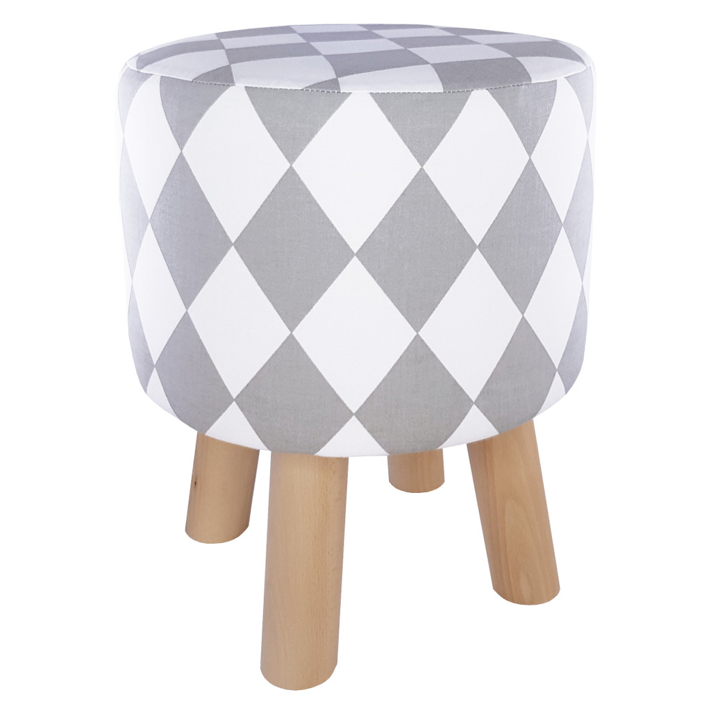 White and grey Scandinavian stool, modern pouf, seat with white and grey diamonds - Lily Pouf image 2