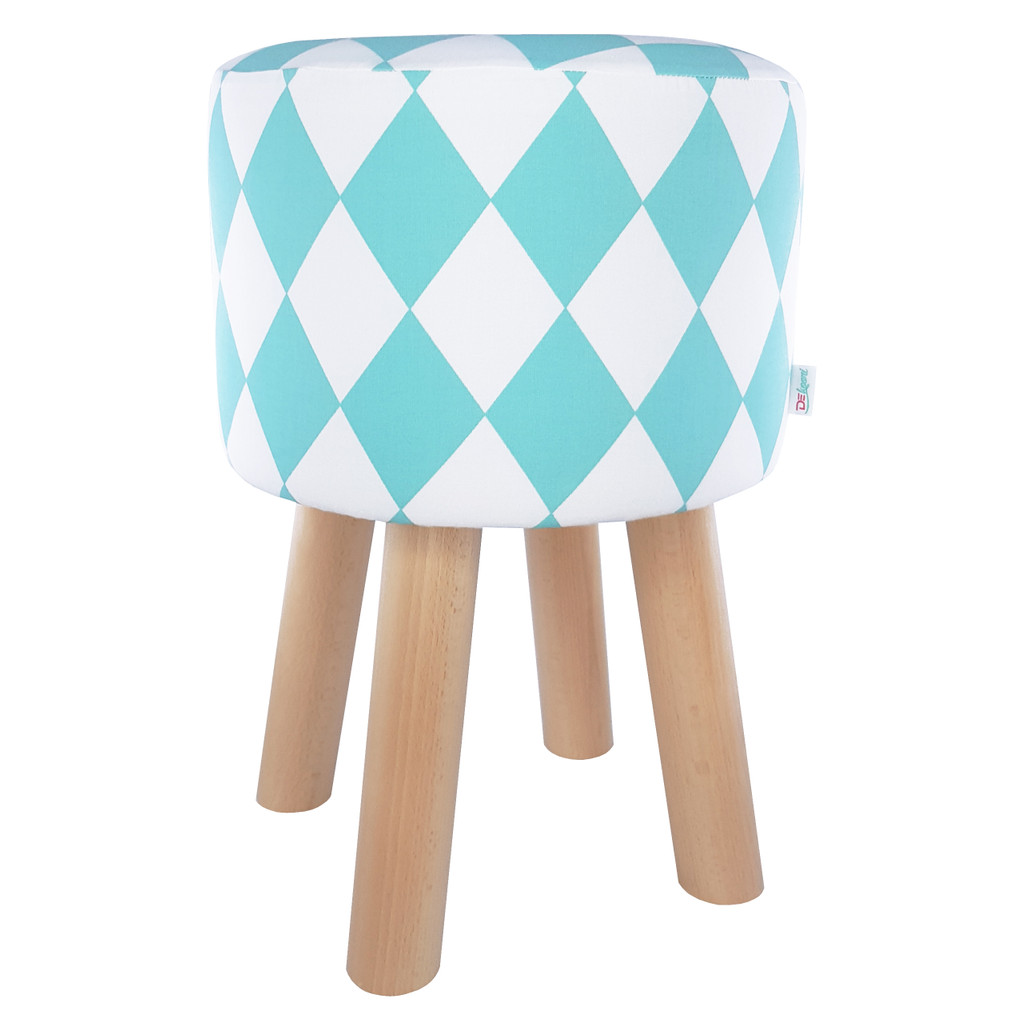 Scandinavian stool, wooden stool, cover with white and turquoise ROMBS - Lily Pouf image 1