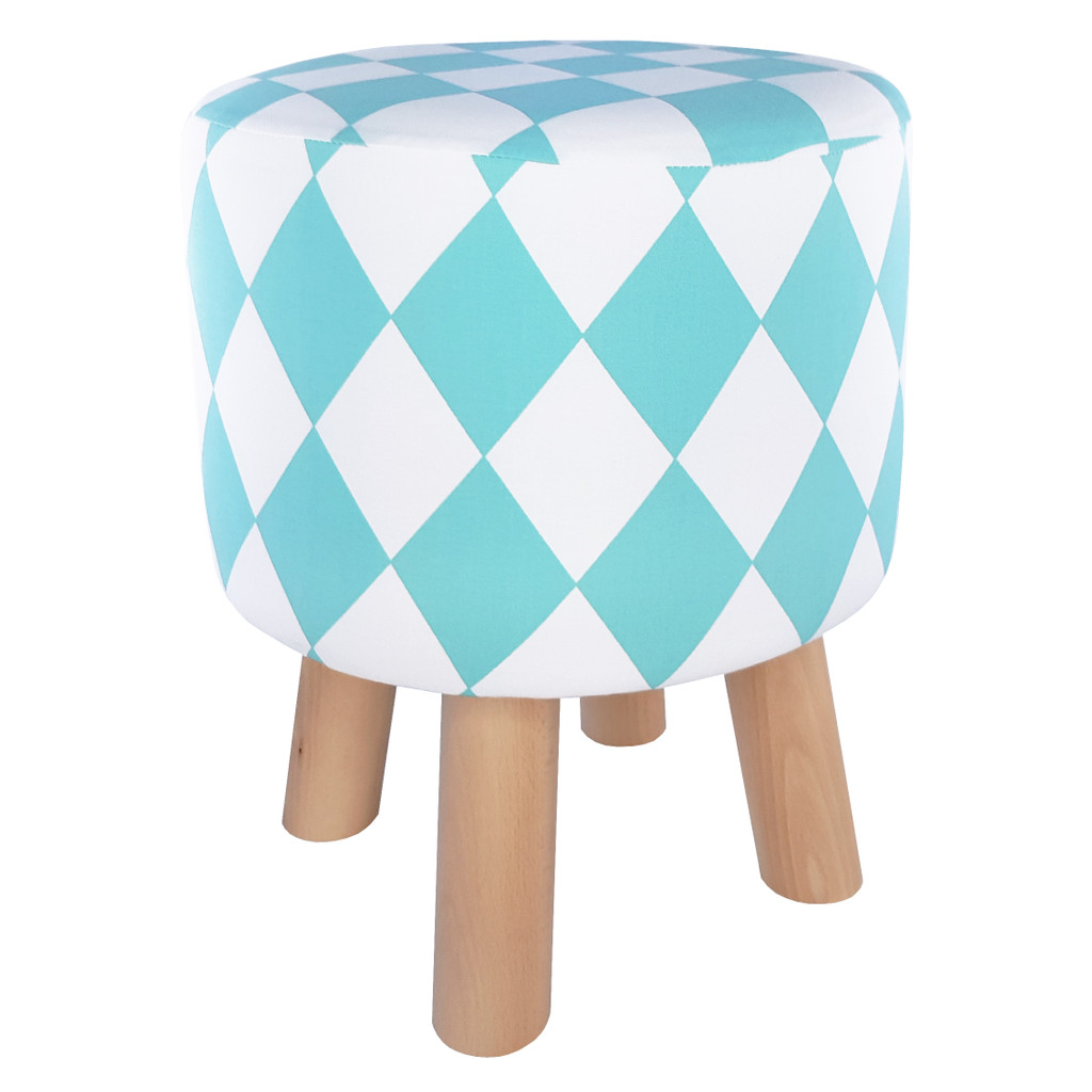 Drevená taburetka, škandinávsky stolček, bielo-tyrkysový poťah so vzorom KOSOŠTVORCE - Lily Pouf obrázok 2