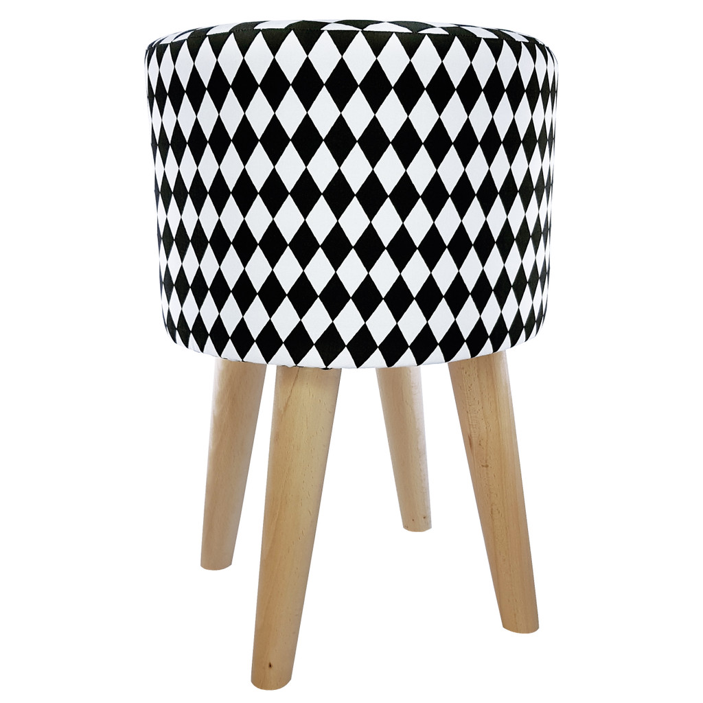 Taburetka, puf, stolček s geometrickým vzorom HARLEKÝN, malé, bielo-čierne kosoštvorce - Lily Pouf obrázok 2
