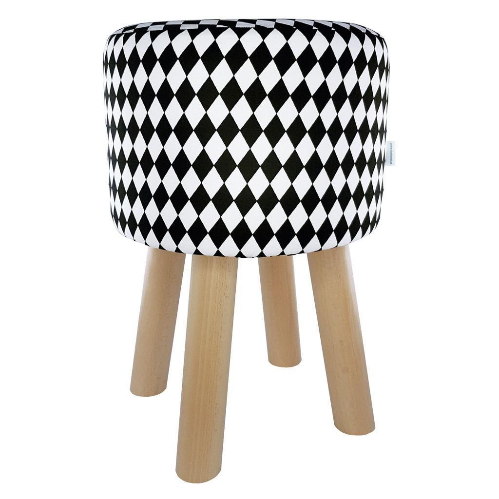 Pouf, taburet, stolička, geometrický harlekýnový vzor, černé a bílé kosočtverce - Lily Pouf obrázek 1