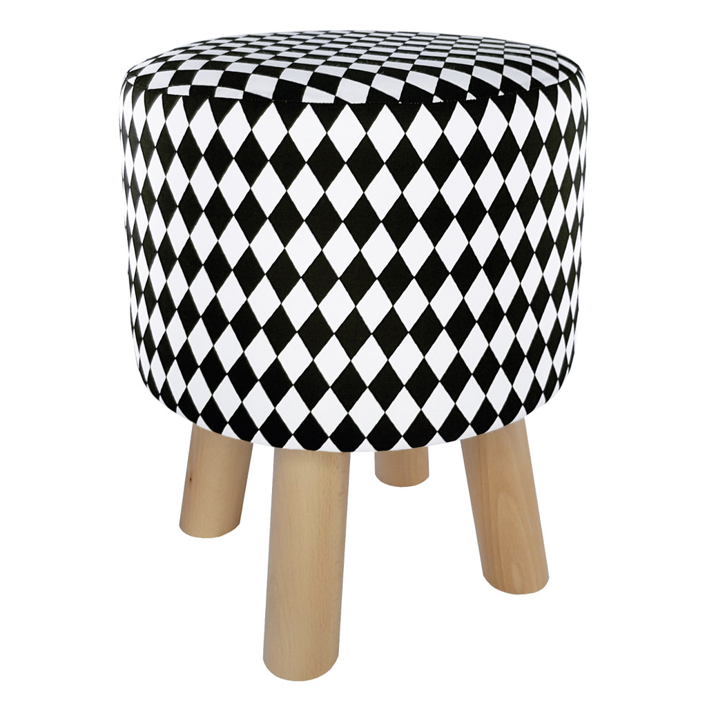 Taburetka, puf, stolček s geometrickým vzorom HARLEKÝN, malé, bielo-čierne kosoštvorce - Lily Pouf obrázok 3