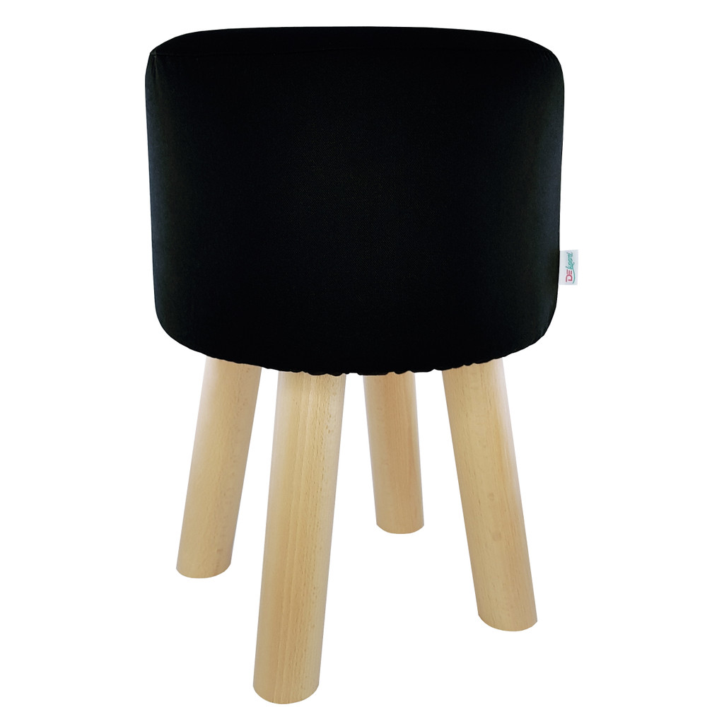 Black pouf round stool wooden legs velvety smooth cover - Lily Pouf image 1