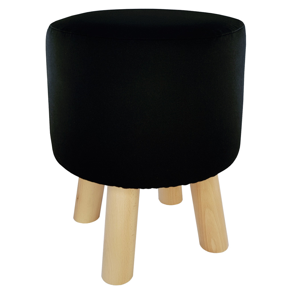 Černý pouf kulatá stolička dřevěné nohy jednobarevný potah - Lily Pouf obrázek 2