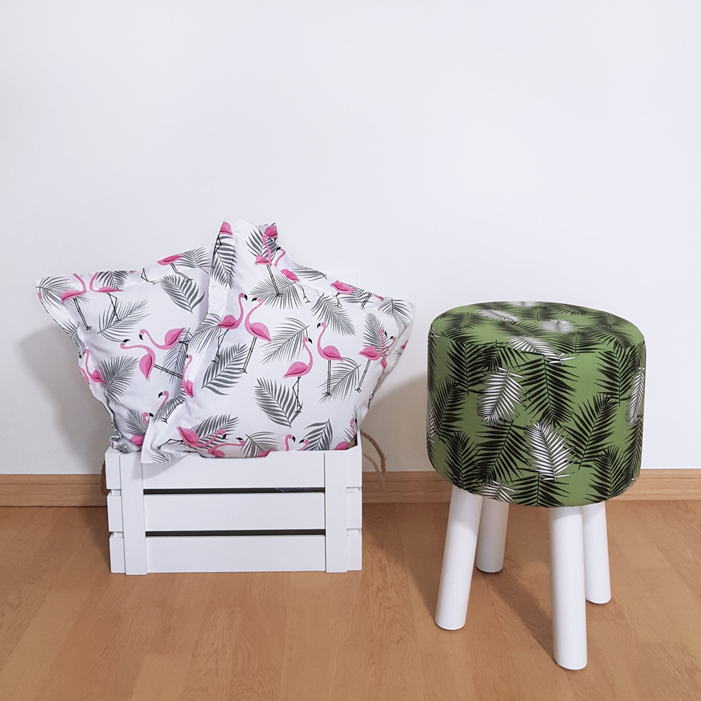 Modern stool with black and white palm trees on green background - Lily Pouf image 2