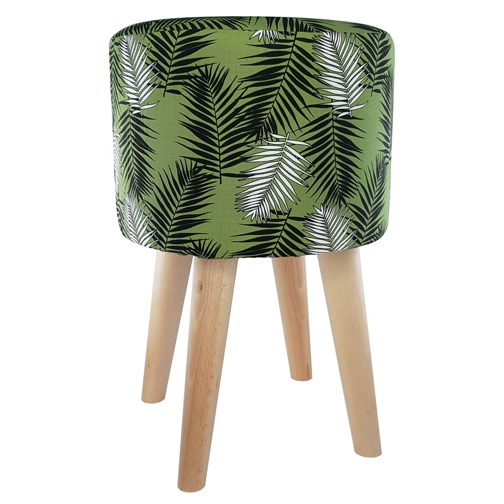 Moderný stolček, taburetka s bielymi a čiernymi palmovými listami na zelenom pozadí - Lily Pouf obrázok 3