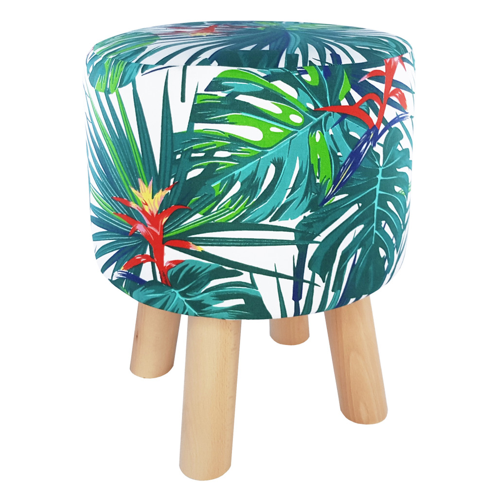 Exotic pouffe stool with turquoise Monstera leaves, colourful palms - Lily Pouf image 2