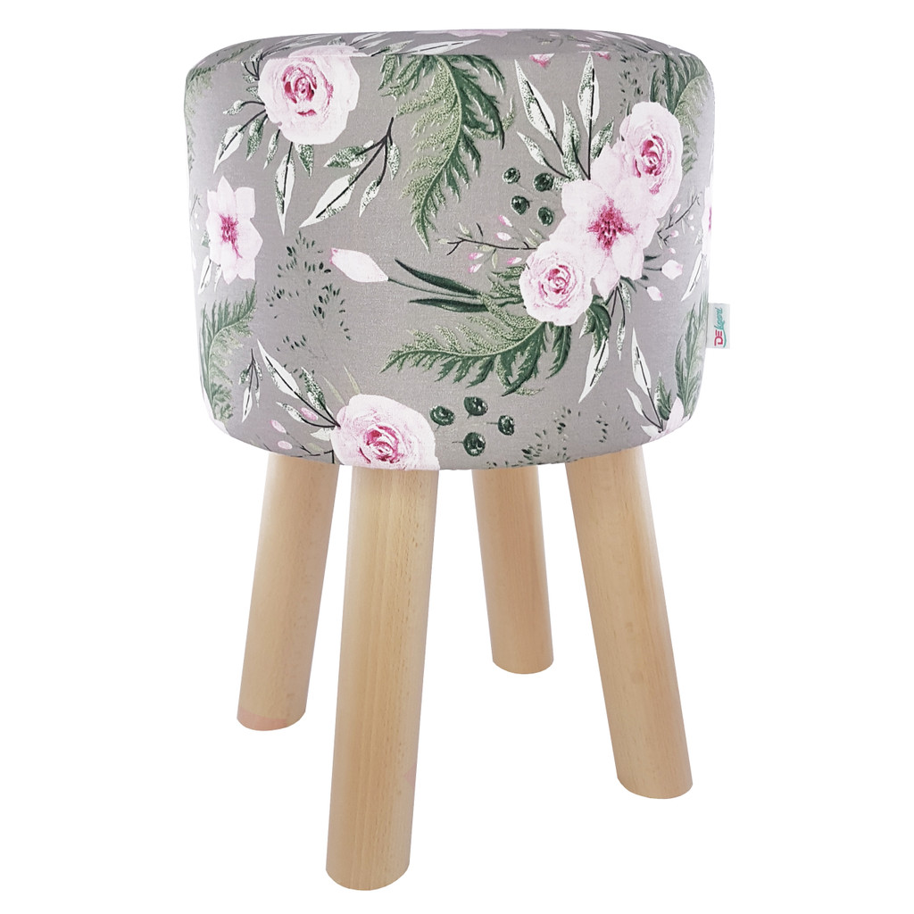Lovely grey pouffe, roses against a background of green leaves, for the living room or bedroom - Lily Pouf image 1
