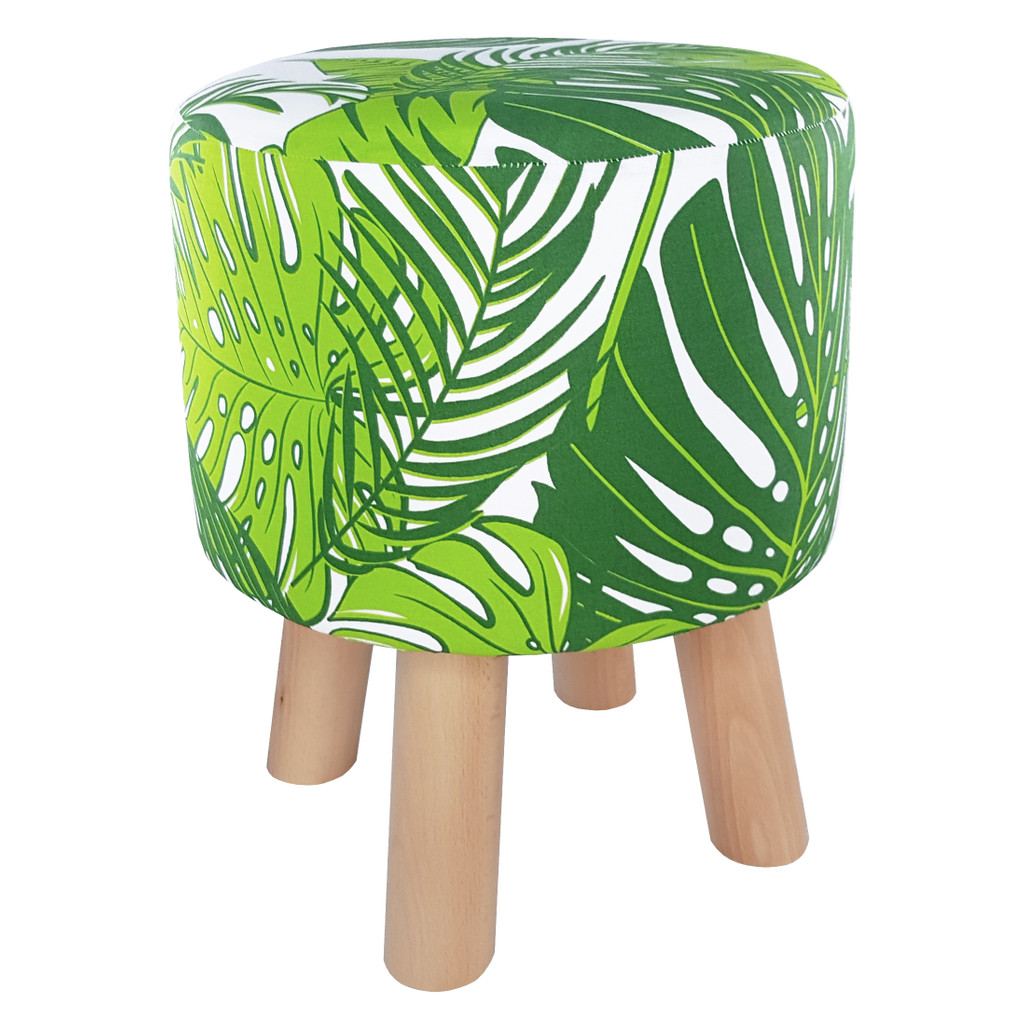Zelená taburetka, puf do obývacej izby, LISTY MONSTERA a PALMA, rastlinný motív - Lily Pouf obrázok 3