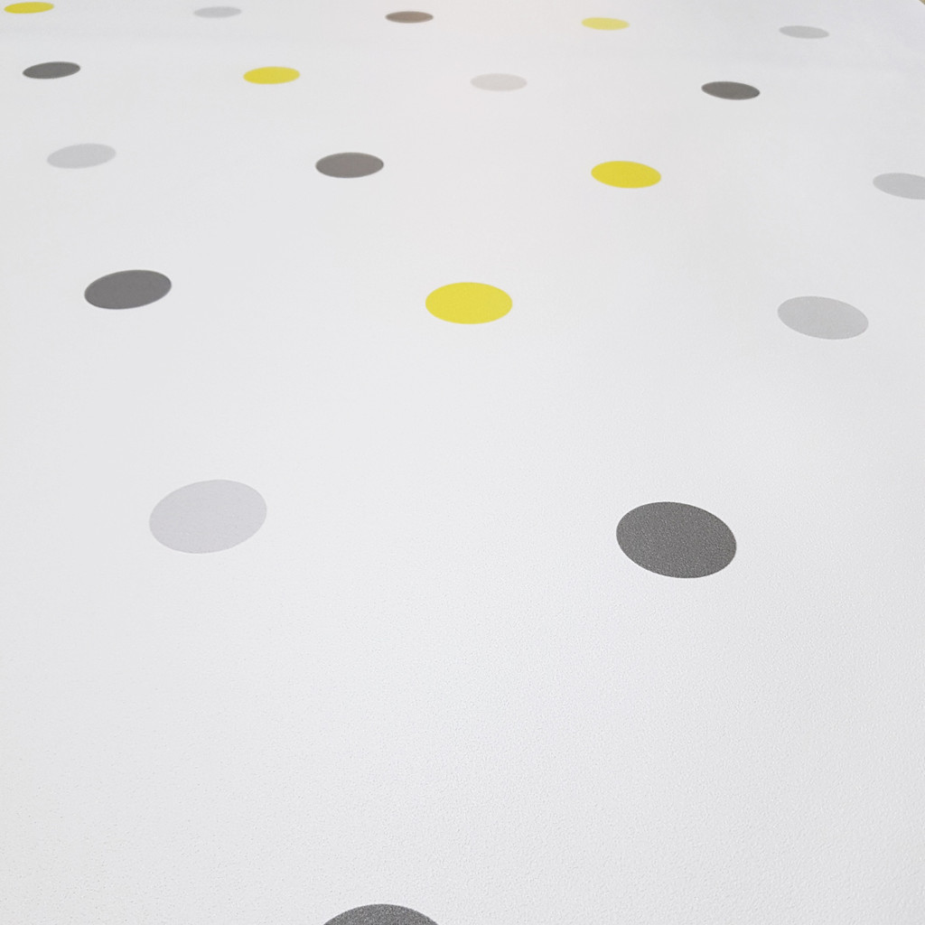 Biela tapeta so sivými a žltými bodkami, BODKY 5 cm - Dekoori obrázok 3