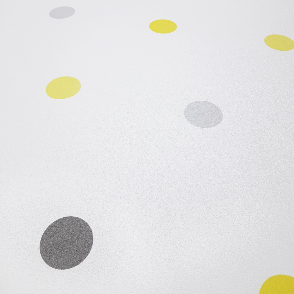Biela tapeta so sivými a žltými bodkami, BODKY 5 cm - Dekoori obrázok 4