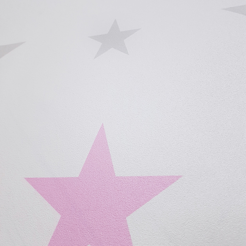 Bílá tapeta - hvězdy šedé a růžové velikosti 15 a 7 cm - Dekoori obrázek 3