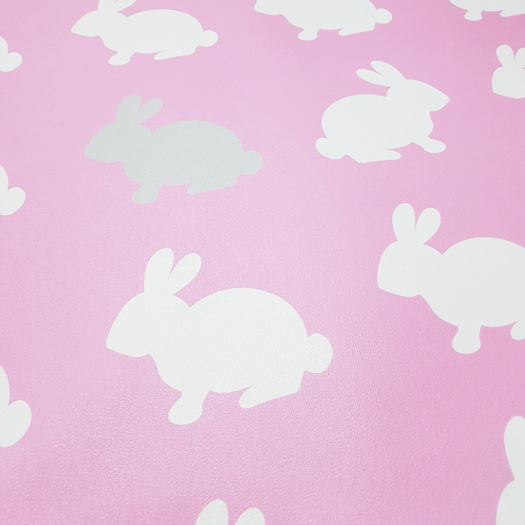 Ružová tapeta s bielymi králikmi, milé biele králiky, zajačiky - Dekoori obrázok 4