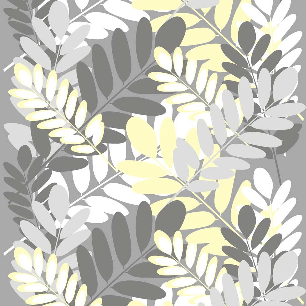 Tapeta šedo-bílo-žlutá s listy trnovníku akátu, rostlinný motiv - Dekoori obrázek 1