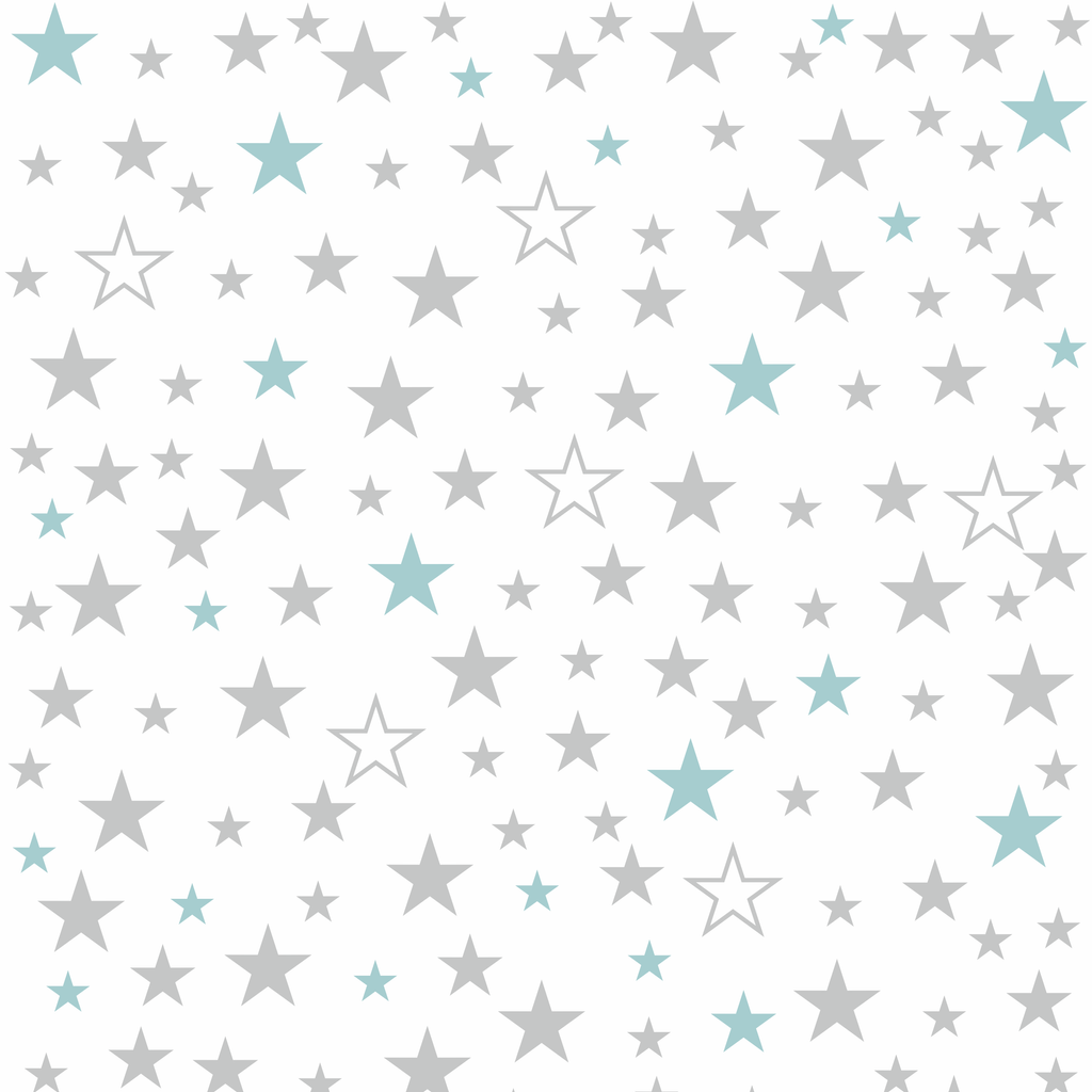White wallpaper with pastel grey and teal 4-6-8 cm stars for children - Dekoori image 1