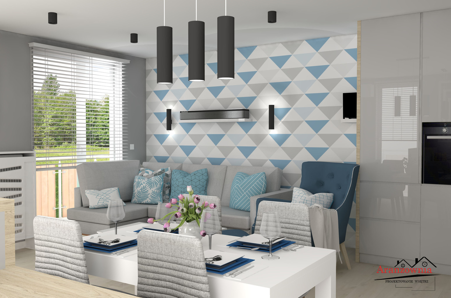 Geometric wallpaper with triangles 33 cm (white-grey-blue triangles) - Dekoori image 3