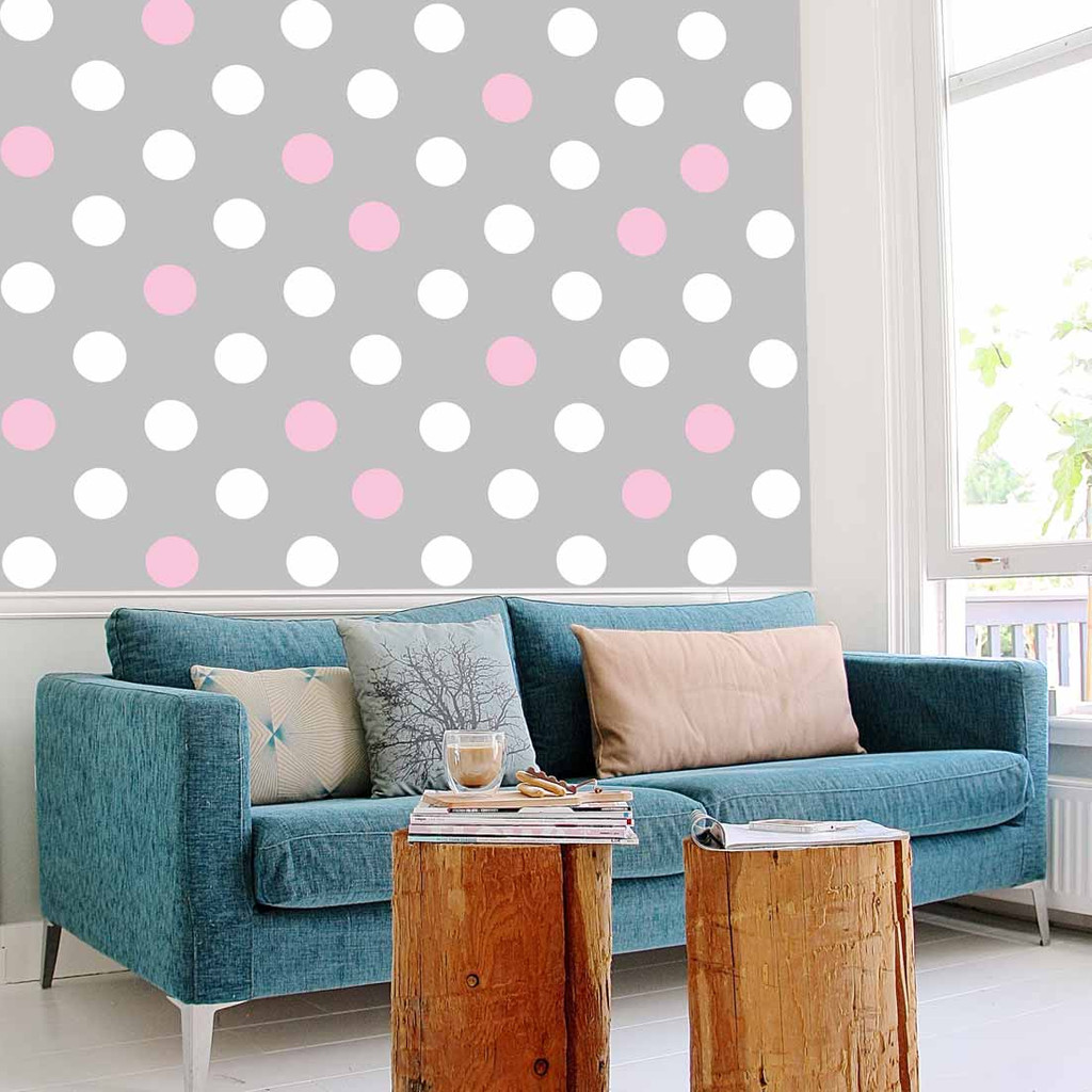 Big 15 cm dots grey and white and pink wallpaper - Dekoori image 2