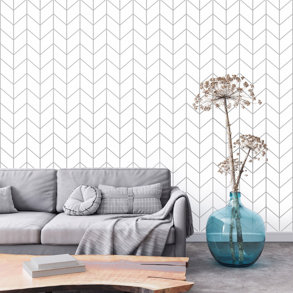 Bílá tapeta s geometrickými šedými liniemi tvořícími vzor rybí kosti, do obývacího pokoje nebo ložnice - Dekoori obrázek 2