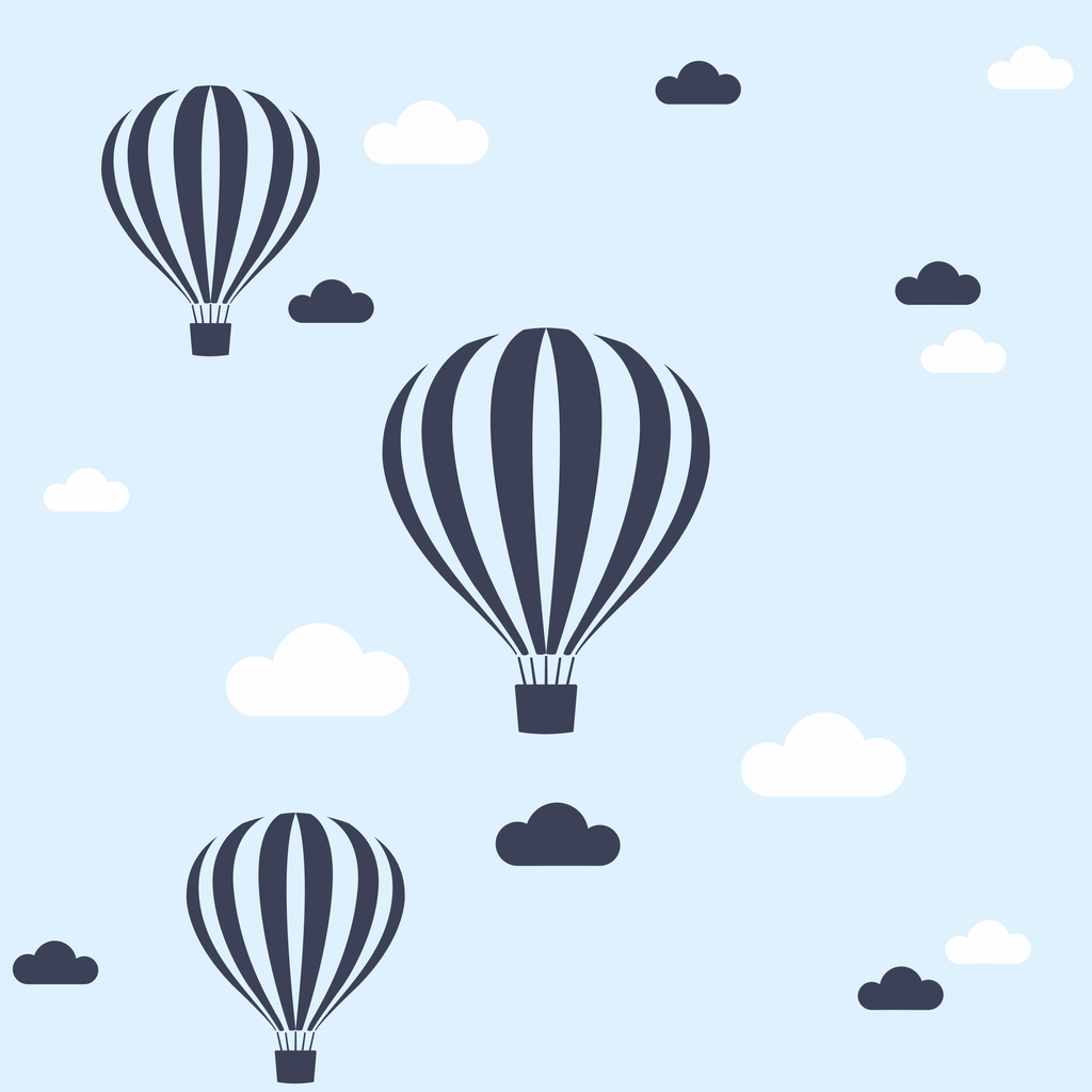 Wallpaper with flying balloons and clouds (colours: light blue-navy blue-white) for a boy - Dekoori image 1