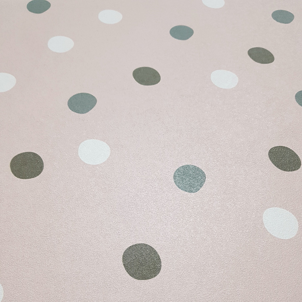 Lososová tapeta s nepravidelnými puntíky, tečkami 3 cm, bílé, šedé, růžové - Dekoori obrázek 3