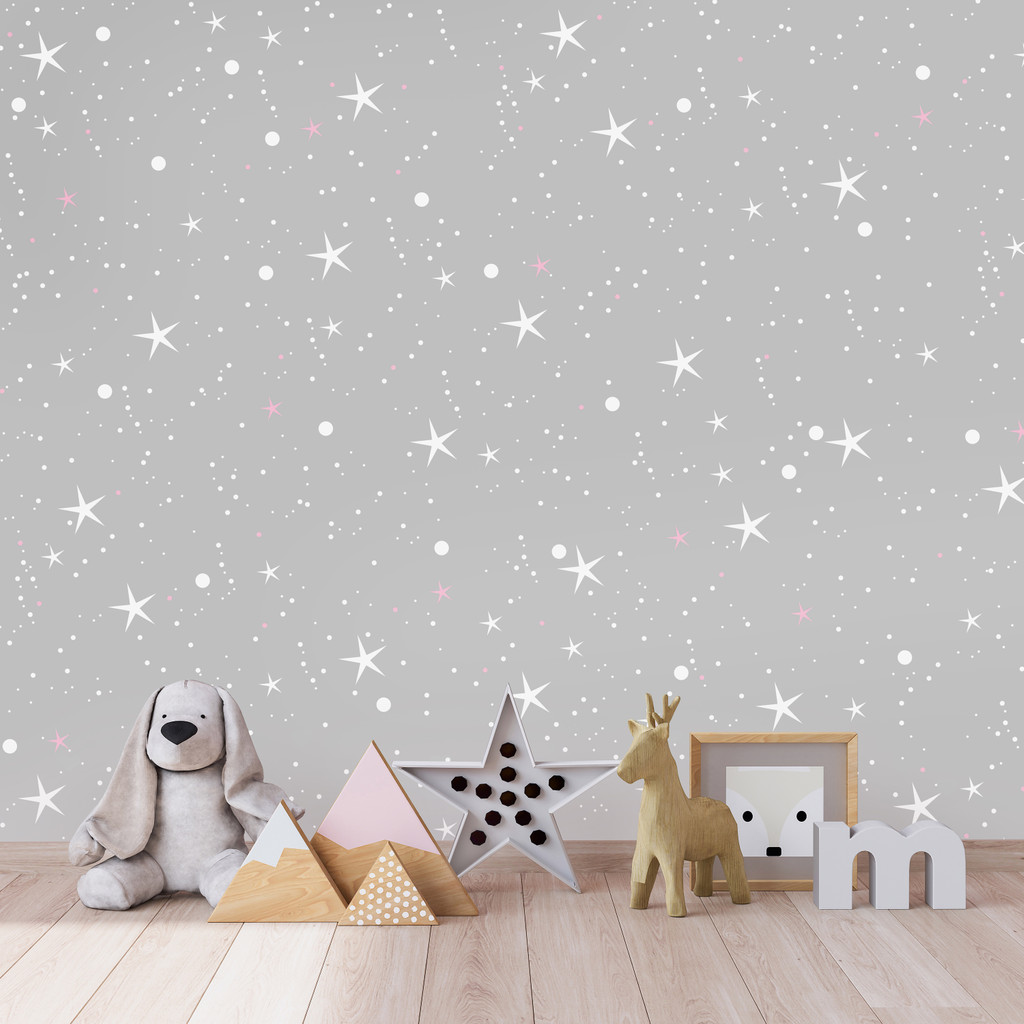 Grey wallpaper with white and pink stars and dots - Dekoori image 2