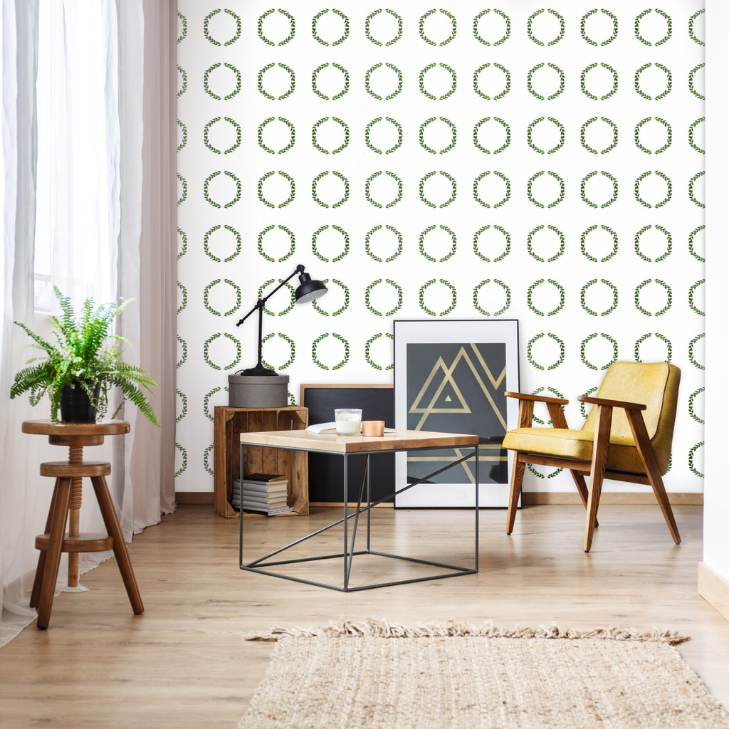 White wallpaper with green wreaths (twigs leaves in boho style) - Dekoori image 2