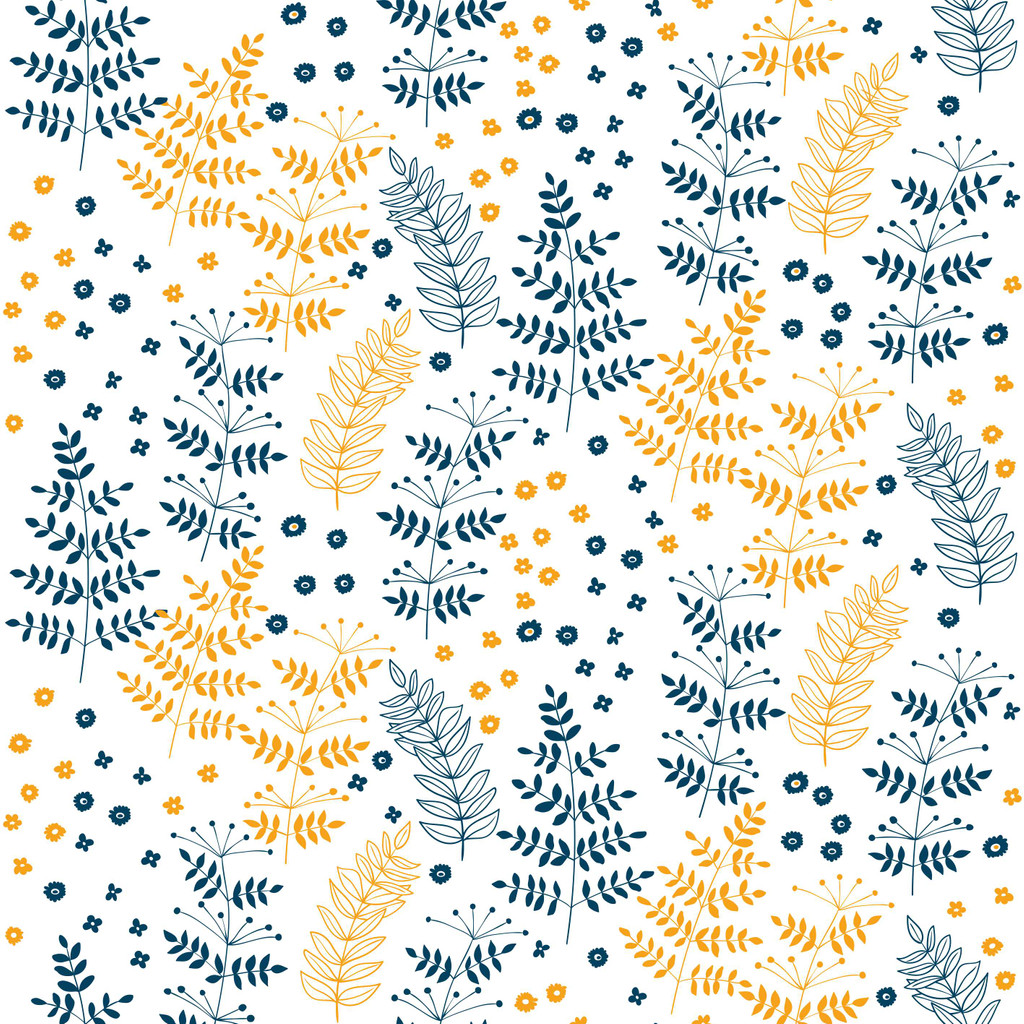 Navy blue and orange flowers and plants on a white background-Nordic wallpaper - Dekoori image 1