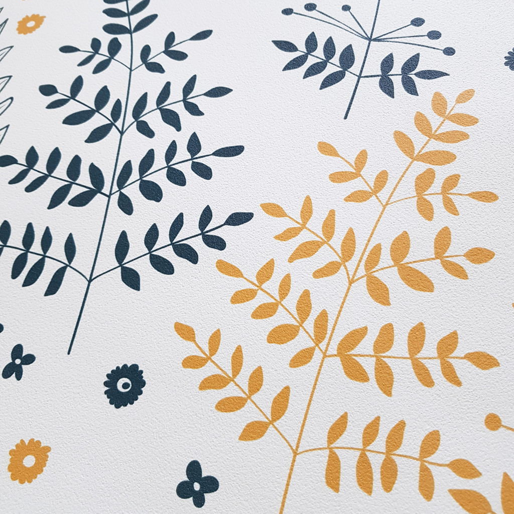 Navy blue and orange flowers and plants on a white background-Nordic wallpaper - Dekoori image 3