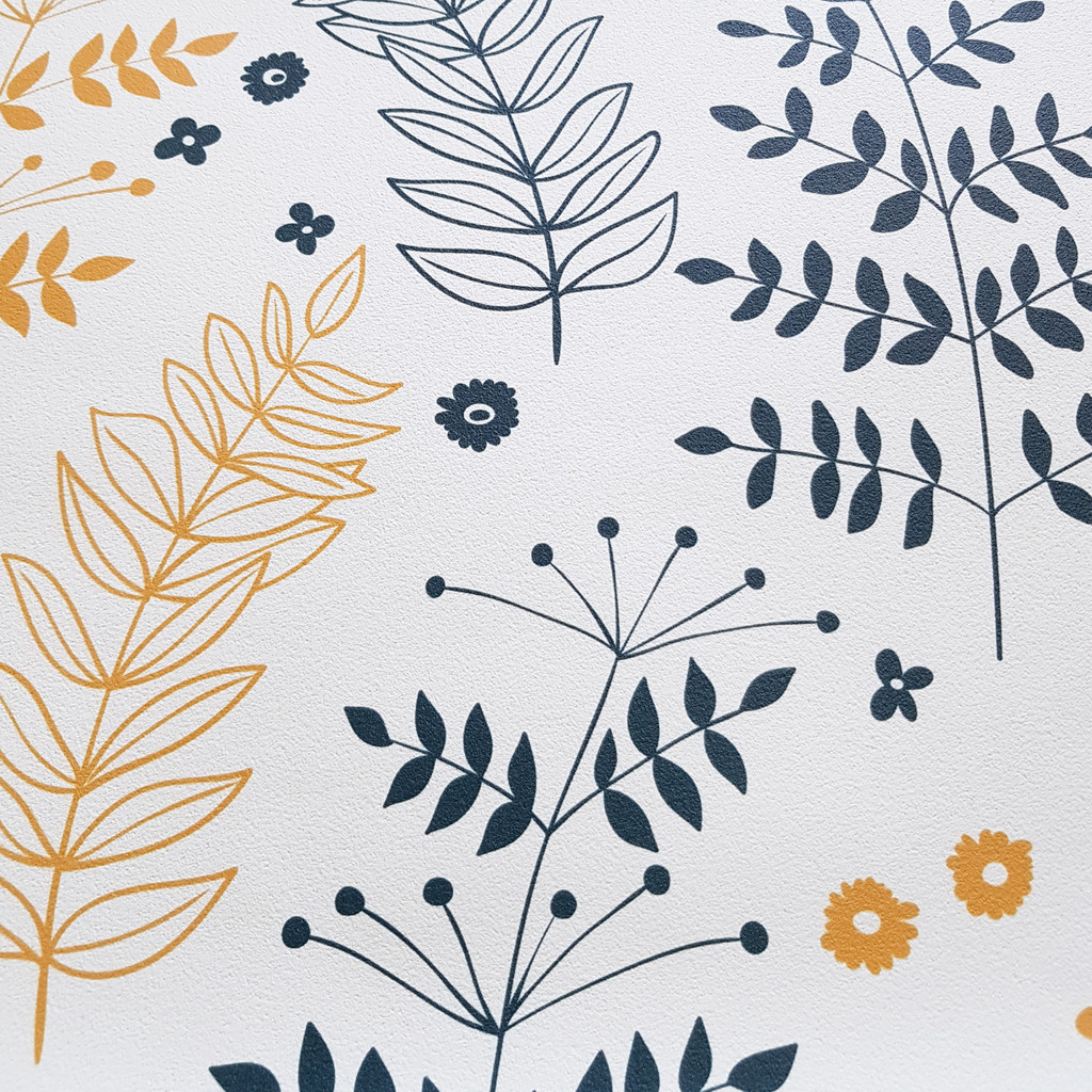 Navy blue and orange flowers and plants on a white background-Nordic wallpaper - Dekoori image 4