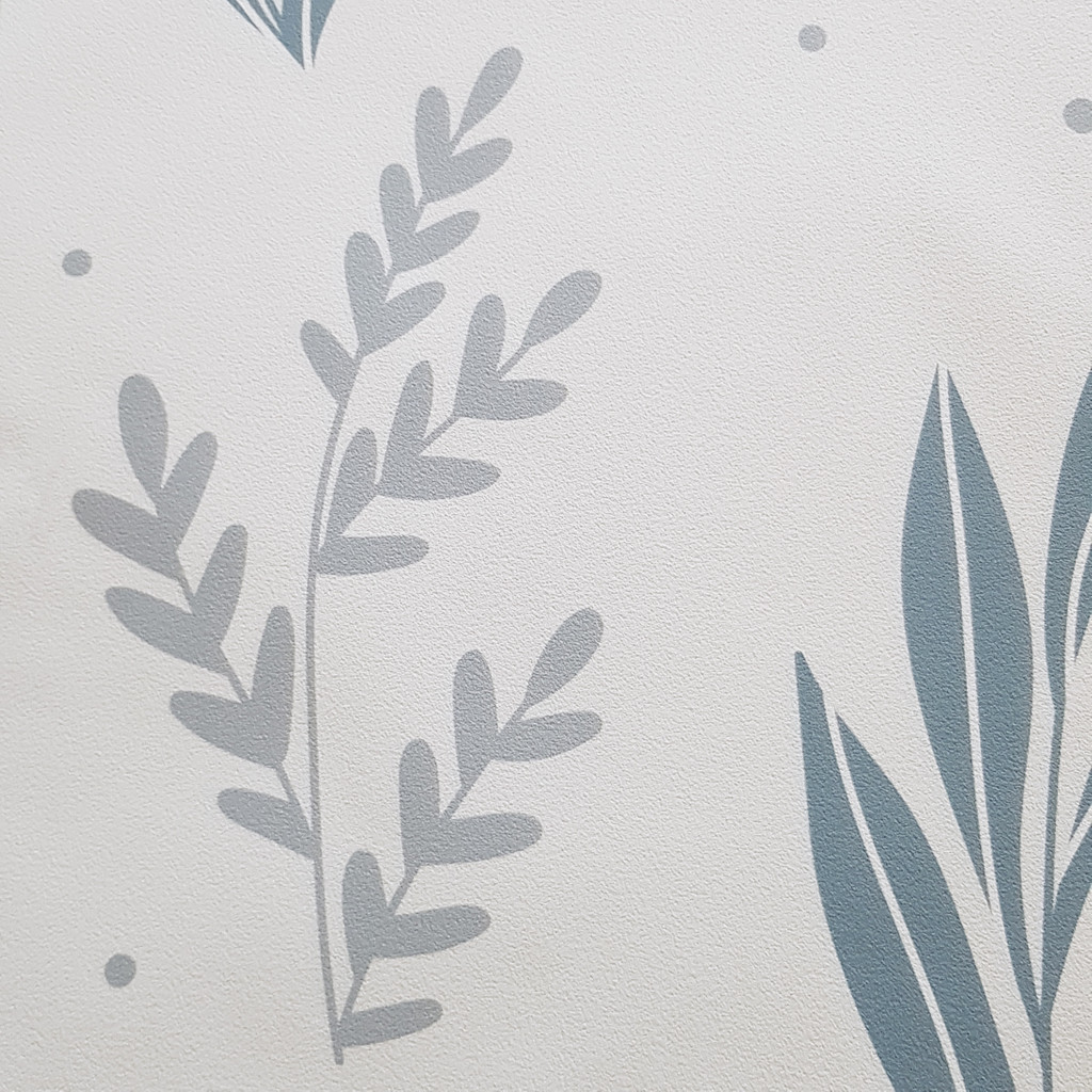 Boho wallpaper with grey and blue underwater plants on a light grey background - Dekoori image 3