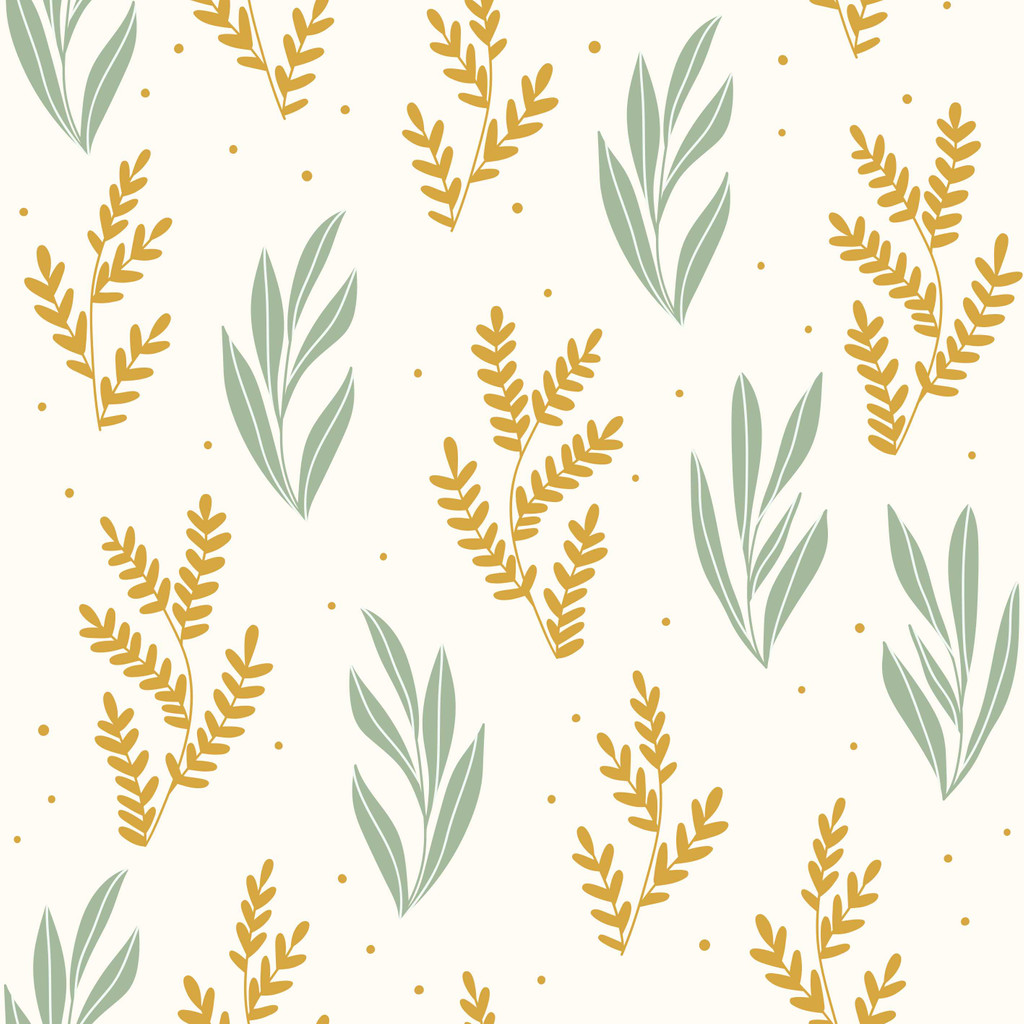 Modern Nordic wallpaper with green and mustard underwater plants on a light yellow dotted background - Dekoori image 1
